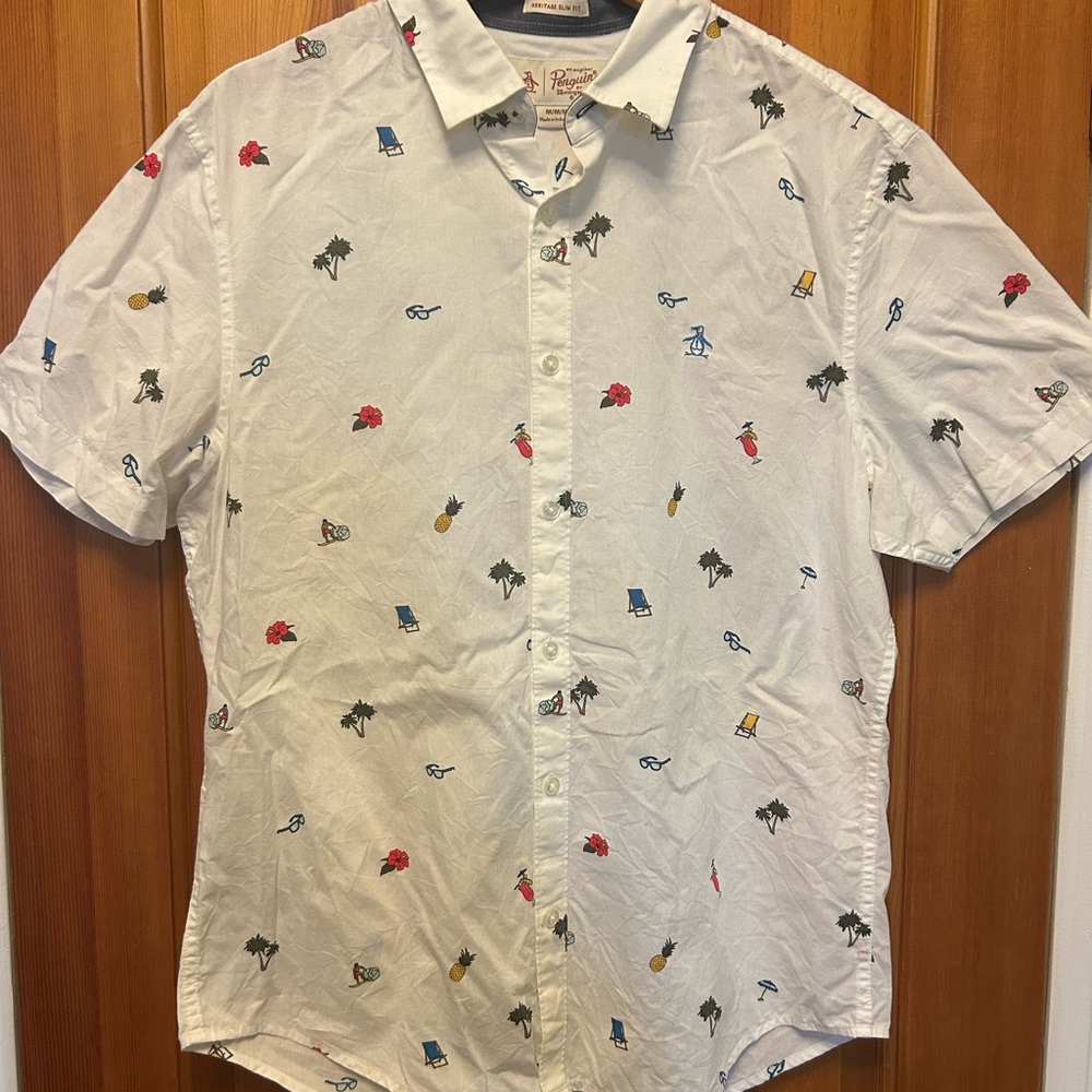 Casual White and Red Button Down Shirt with Playful Print